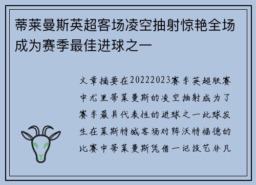 蒂莱曼斯英超客场凌空抽射惊艳全场成为赛季最佳进球之一